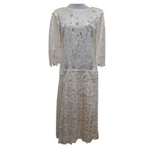 Vintage Nancy Johnson 80s Silk Victorian Cottagecore Boho Lace Floral Dress Sz4